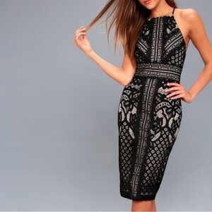 Lulu's Black and Nude Lace Midi Dress